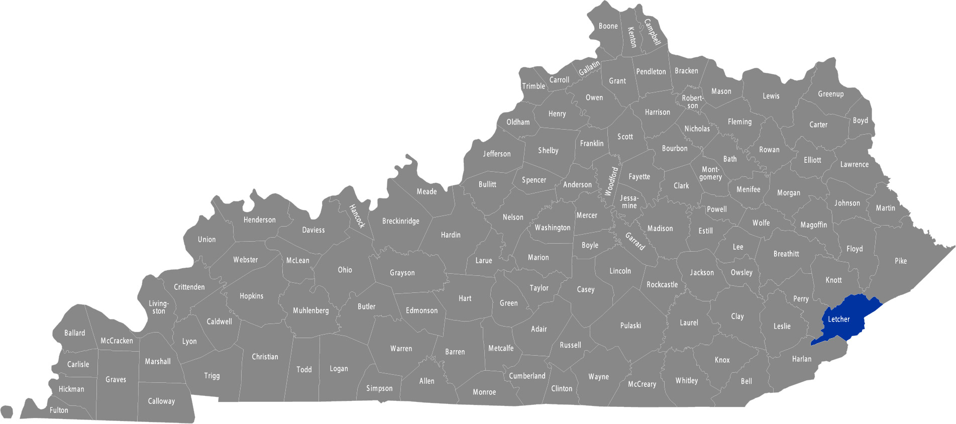 State of Kentucky map with Letcher County highlighted 