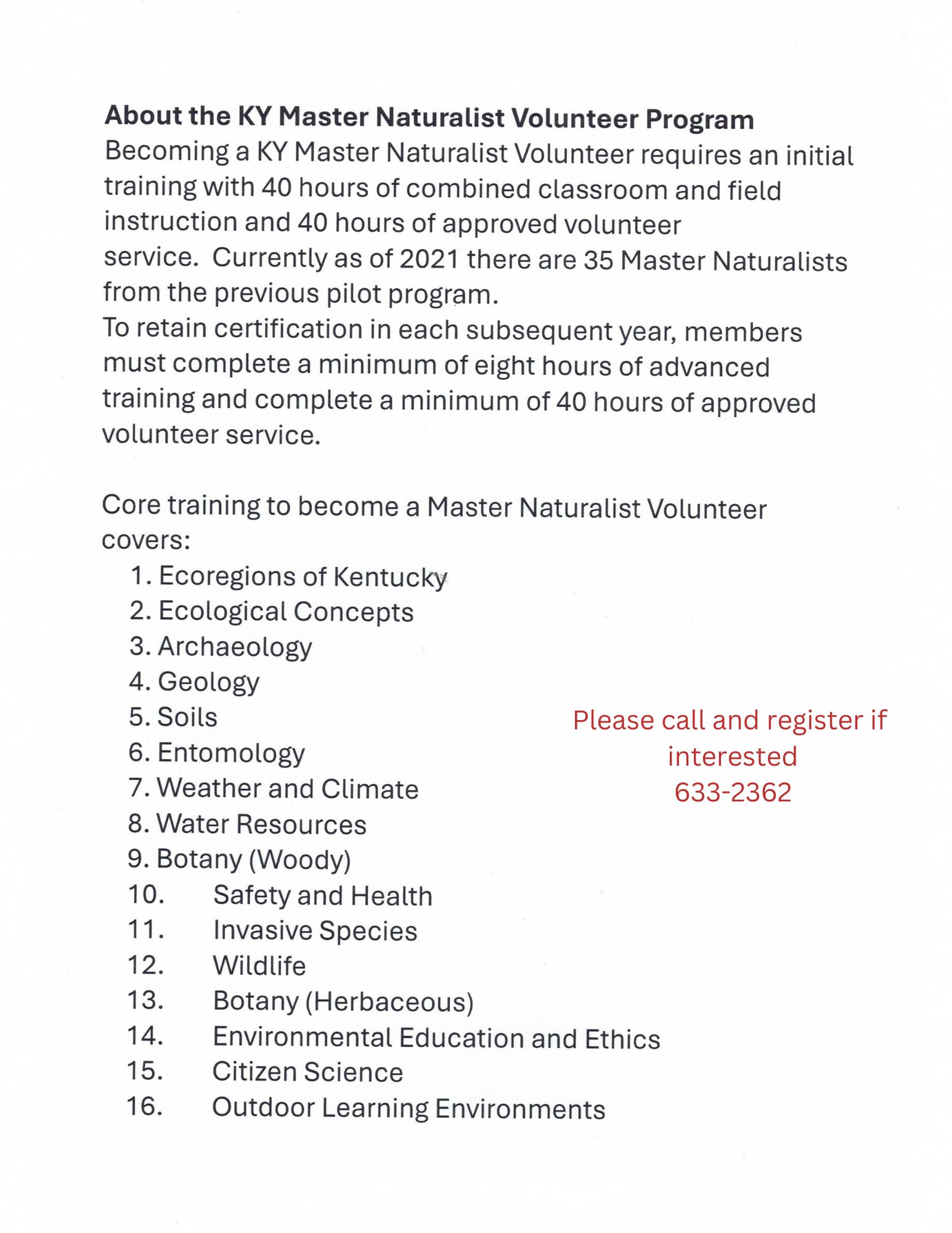 Ky Master Naturalist Volunteer Program